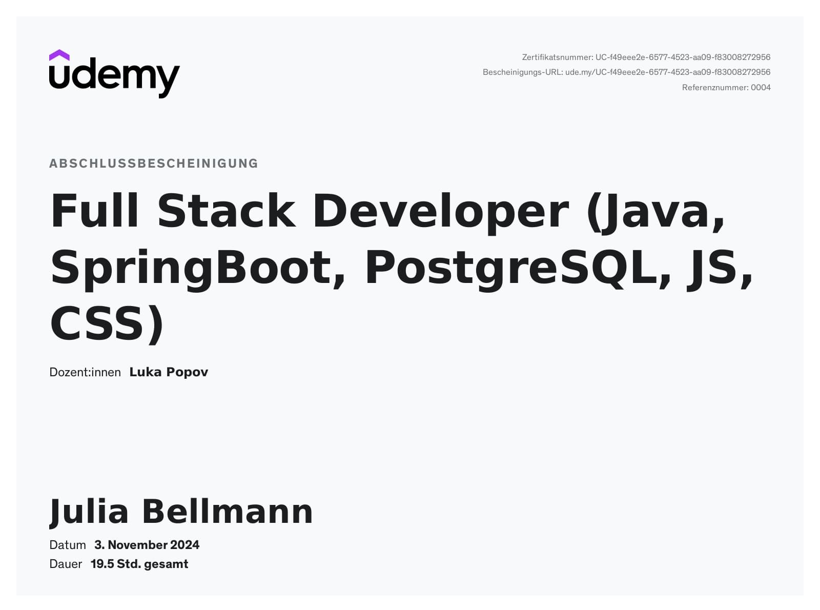udemy - Full Stack - Bescheinigung