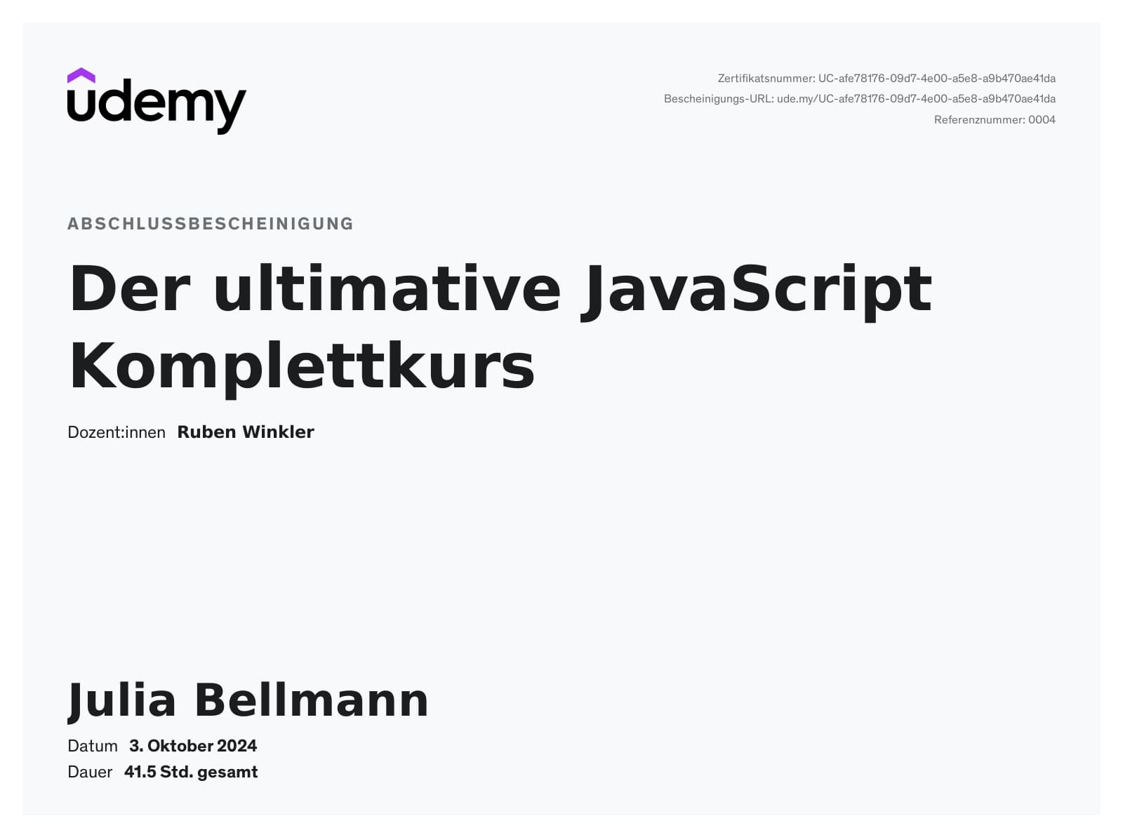 udemy - JavaScrpit Bescheinigung