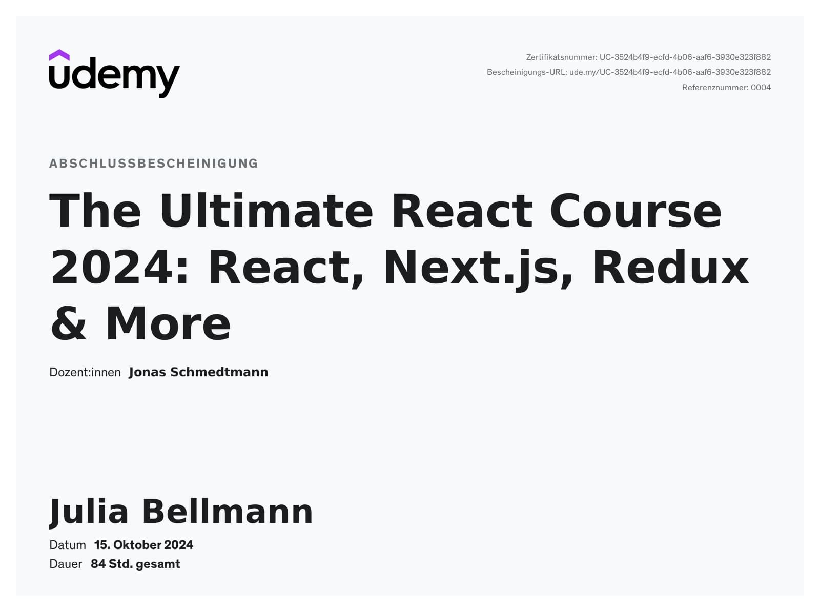 udemy - React, Next.js und co. - Bescheinigung